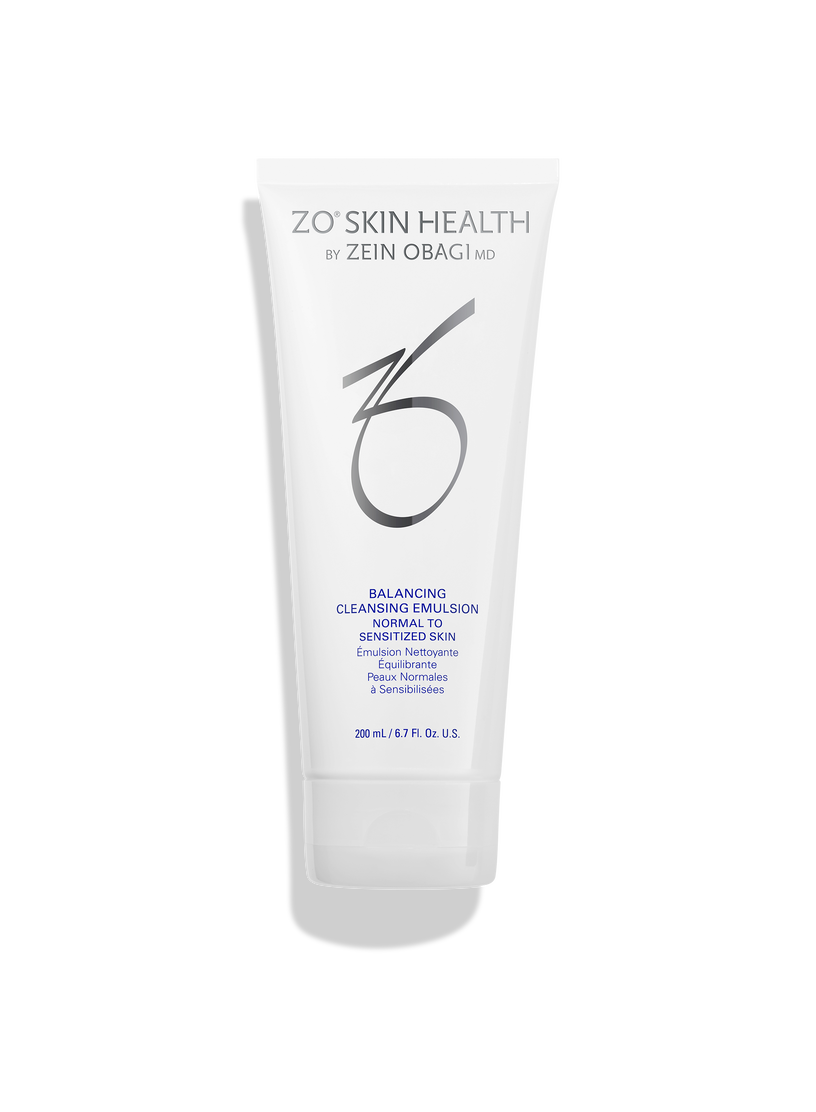 Balancing Cleansing Emulsion gel-to-milk cleanser for sensitive skin, removing makeup and sunscreen while maintaining moisture balance and skin resilience, free from fragrances and sulfates.