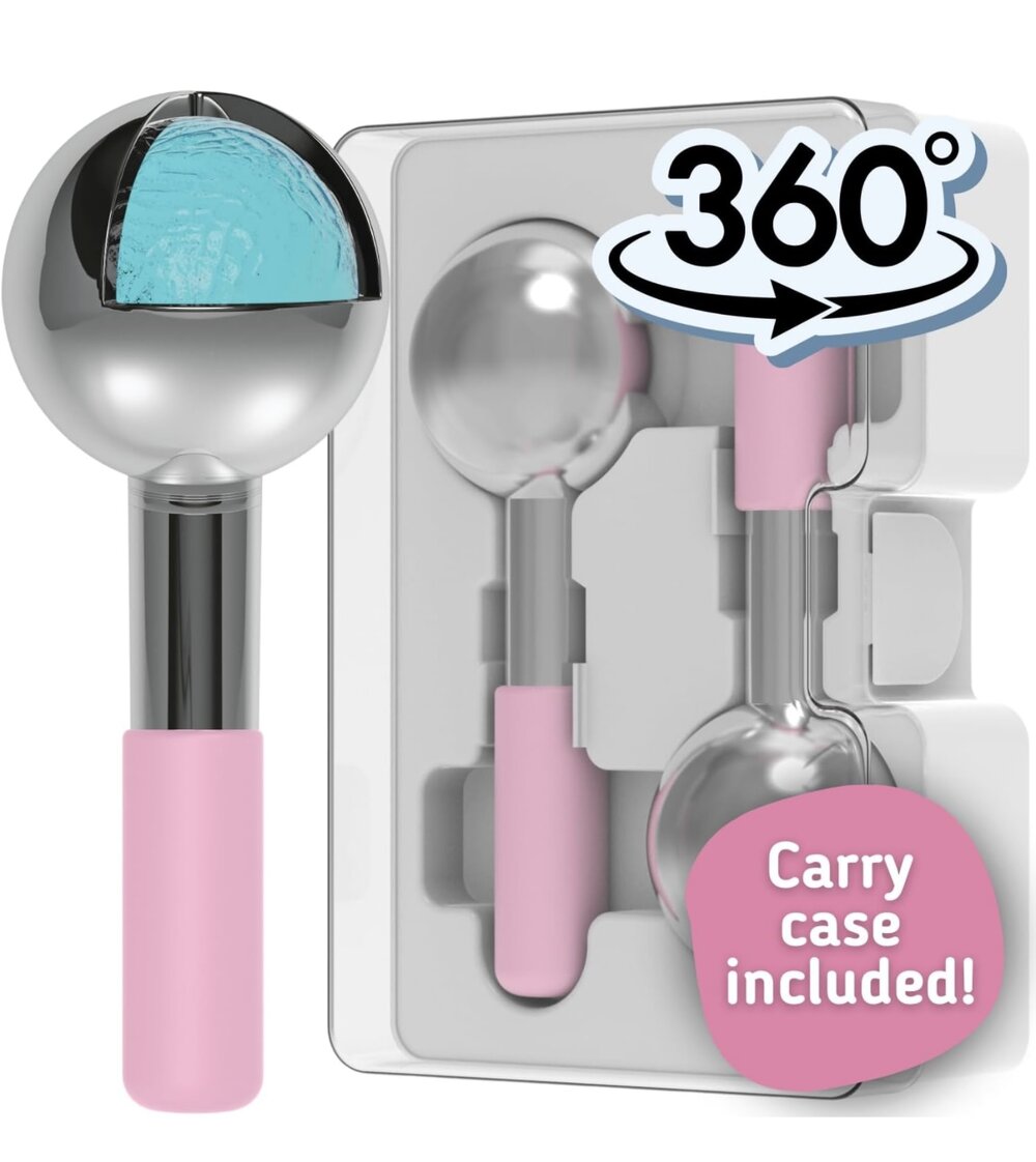 Icy Facial Globes stainless steel cold roller for reducing puffiness, inflammation, and redness with a bacteria-free design.