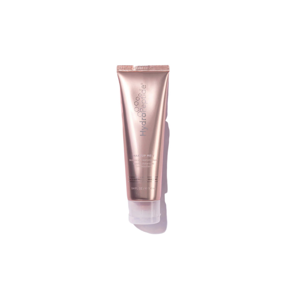 Makeup Melt hydrating balm cleanser with cocoa butter, sunflower, and macadamia oils to remove makeup and impurities, leaving skin soft, clean, and refreshed.