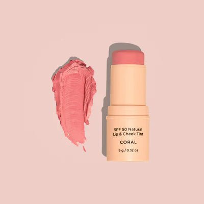 SPF 50 Natural Lip & Cheek Tint - Multi-purpose beauty stick for lips and cheeks, enriched with Avocado Oil and SPF for hydration and sun protection.