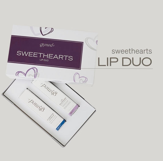 Sweethearts Lip Duo with emollients and peptides for hydrating, smoothing, and rejuvenating dry, cracked lips.