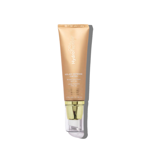 Solar Defense Tinted SPF with antioxidants, hyaluronic acid, and probiotics for sun protection, hydration, and a healthy, even-toned glow.