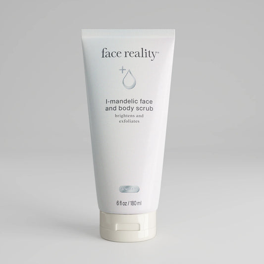 Mandelic Face and Body Scrub, brightening exfoliator with mandelic acid and grapeseed extract for pigmentation, keratosis pilaris, and folliculitis