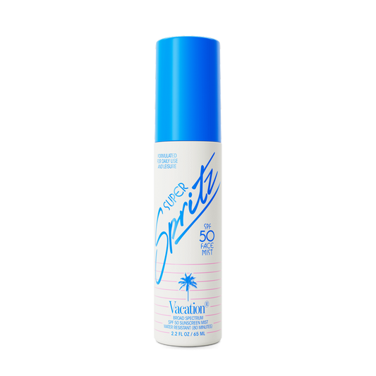 Vacation SPF 50 Super Spritz face mist sunscreen for daily protection, offering instant refreshment and easy use over makeup, perfect for on-the-go.