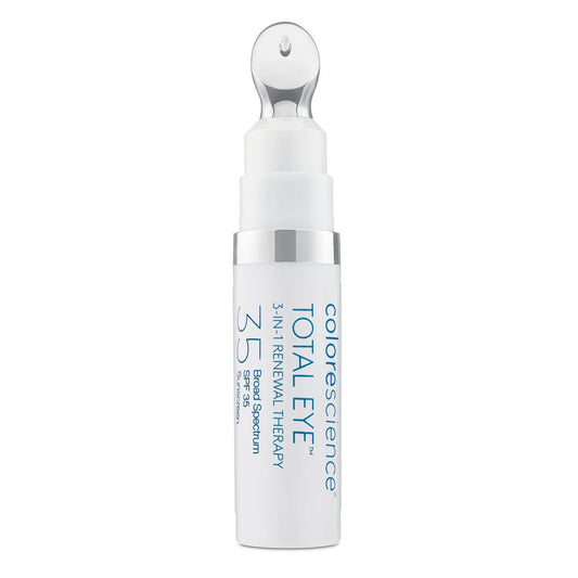 Total Eye 3-In-1 Renewal Therapy SPF 35 for reducing dark circles, puffiness, fine lines, and wrinkles, offering 100% mineral protection against photoaging.