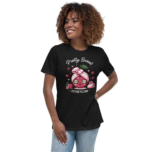 "Pretty Sweet Esthetician Tee in white font, showcasing a relaxed fit and smooth fabric, ideal for casual or business casual outfits."