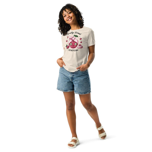 "Pretty Sweet Esthetician Cherry Tee featuring a relaxed fit, smooth fabric, and crew neck design, ideal for casual or business casual outfits."